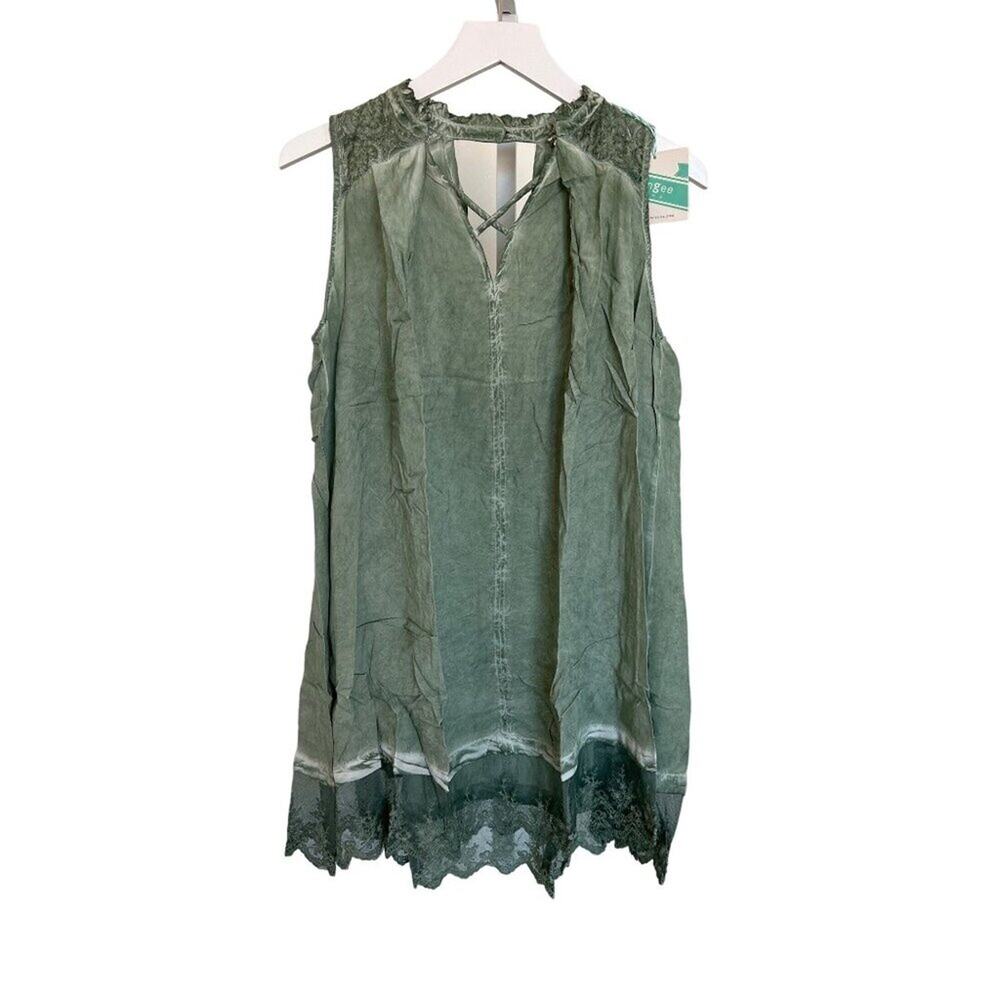 Umgee Sage Washed Boho Swing Dress W/ Lace Trim